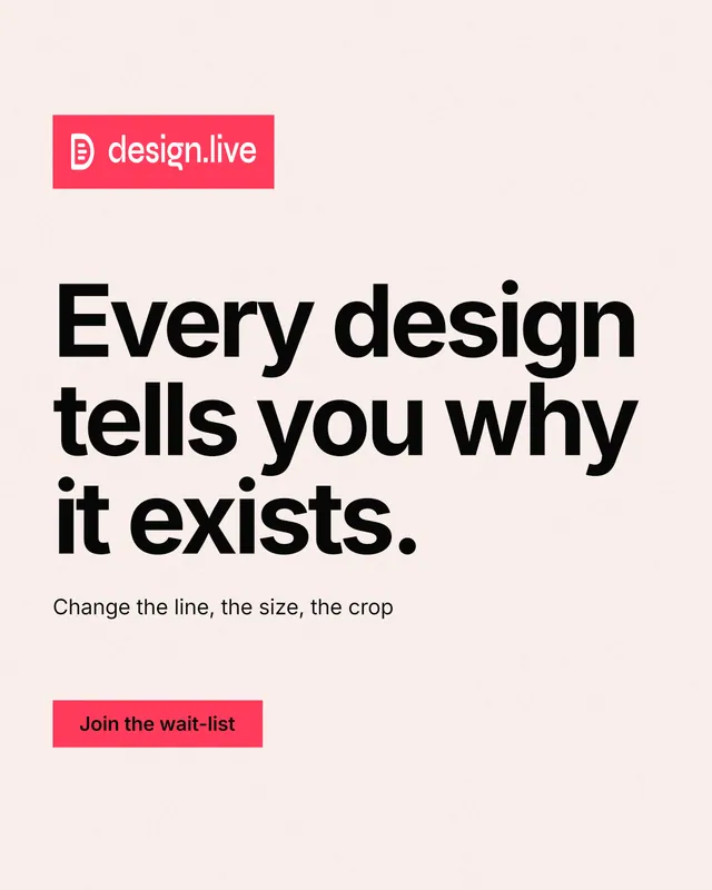 Instagram portrait post for design.live: "Every design tells you why it exists." Swiss style, announce layout, light palette in white, red.