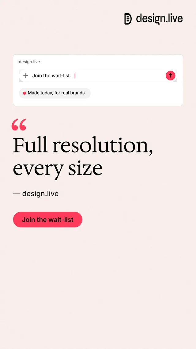 Instagram story for design.live: "Full resolution, every size". Data card style, quote layout, light palette in white, red.