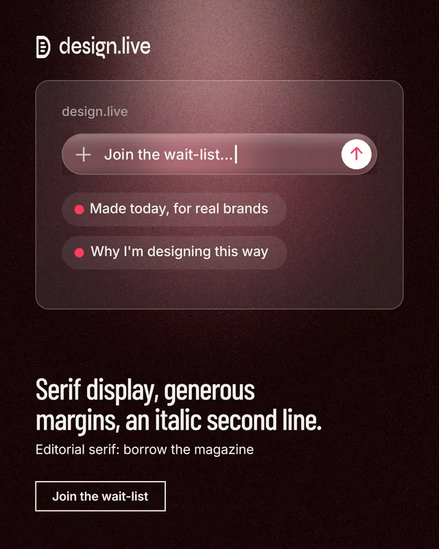 Instagram portrait post for design.live: "Serif display, generous margins, an italic second line." Dark deco style, bottom layout, dark palette in black, red, grey.
