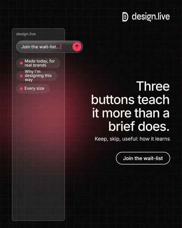 Instagram portrait post for design.live: "Three buttons teach it more than a brief does." Phosphor atlas style, right layout, dark palette in black, grey.