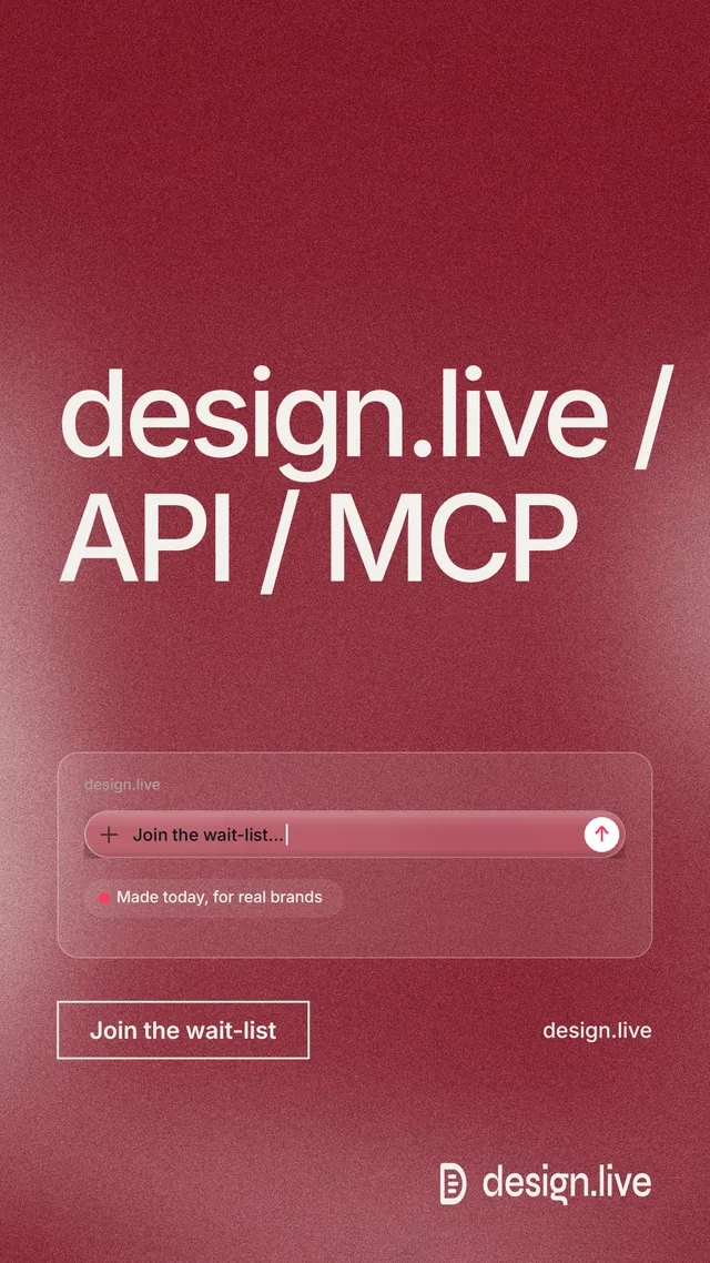 Instagram story for design.live: "design.live / API / MCP". Cyanotype style, poster layout, dark palette in red.