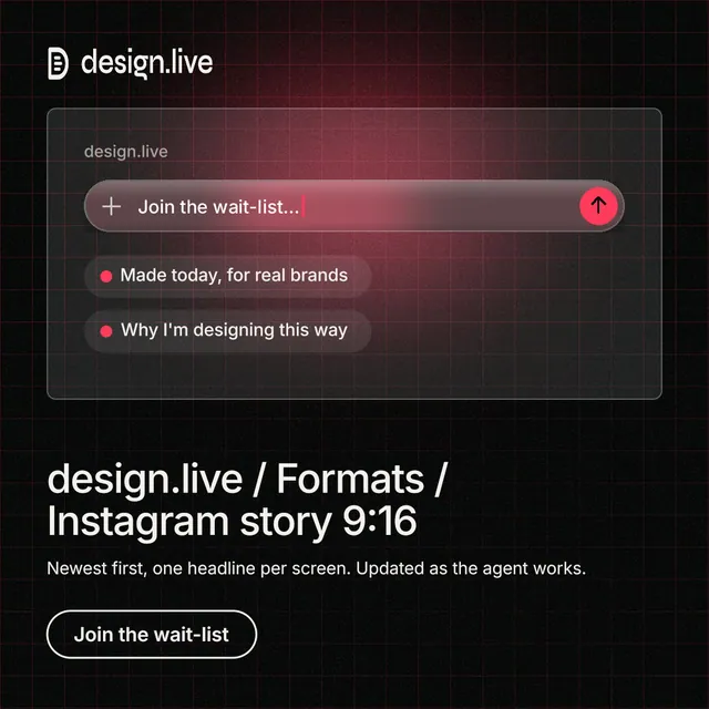 Instagram post for design.live: "design.live / Formats / Instagram story 9:16". Phosphor atlas style, bottom layout, dark palette in black, grey.