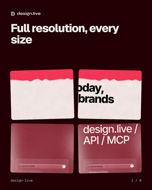 Carousel for design.live: "Full resolution, every size". Collection carousel, 8 slides, dark palette.