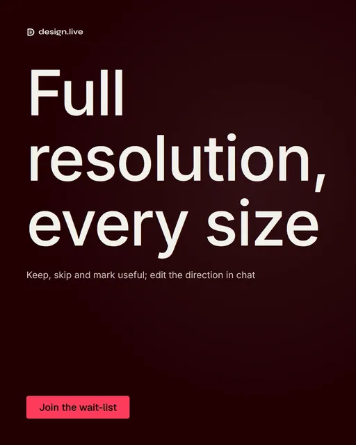 Video for design.live: "Full resolution, every size". Doc motion loop, 6.0 s, dark palette.
