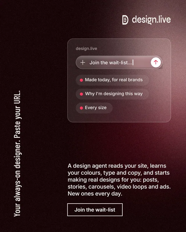 Instagram portrait post for design.live: "Your always-on designer. Paste your URL." Dark deco style, vertical layout, dark palette in black, grey, red.
