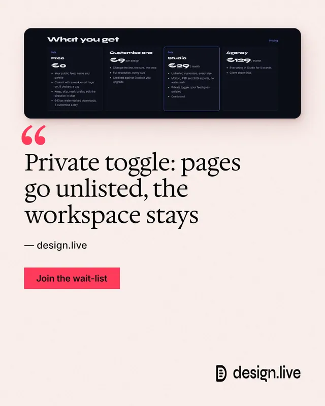 Instagram portrait post for design.live: "Private toggle: pages go unlisted, the workspace stays". Swiss style, quote layout, light palette in white, black.