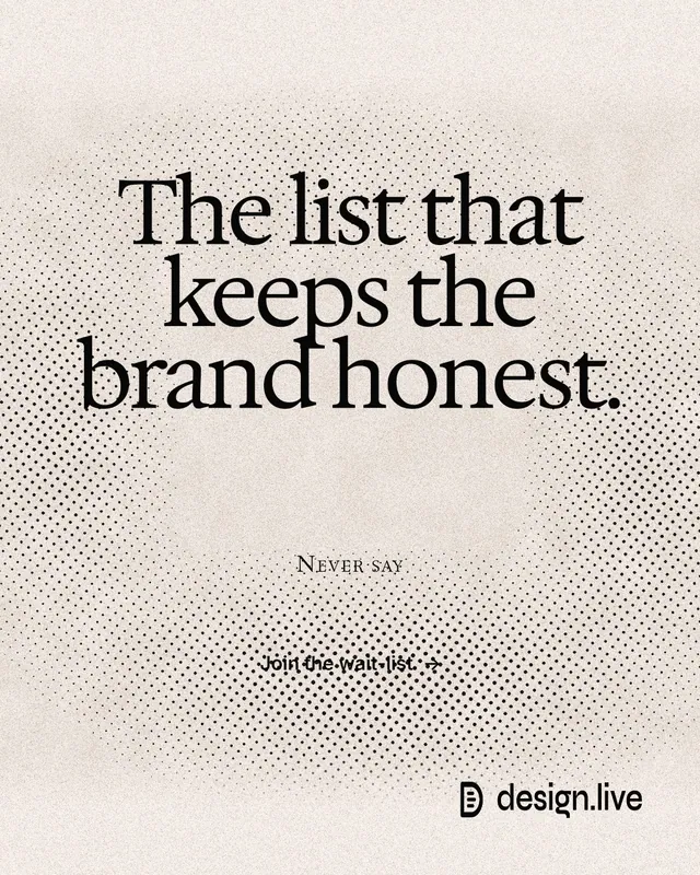 Instagram portrait post for design.live: "The list that keeps the brand honest." Ink sticker style, smallcaps layout, light palette in orange, white, grey.