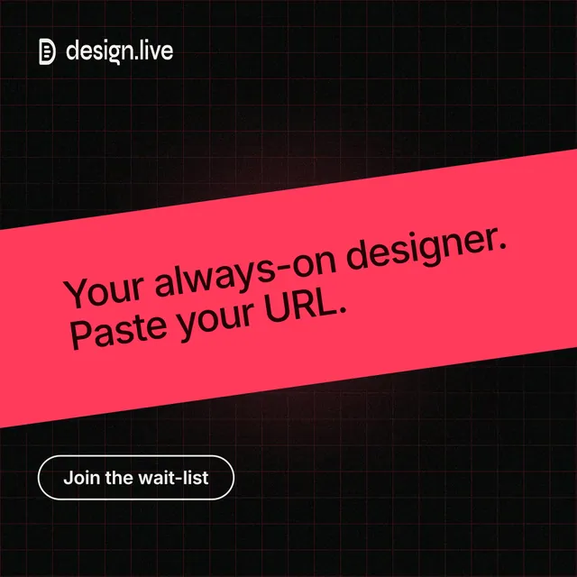 Instagram post for design.live: "Your always-on designer. Paste your URL." Phosphor atlas style, diagonal layout, dark palette in black, red.