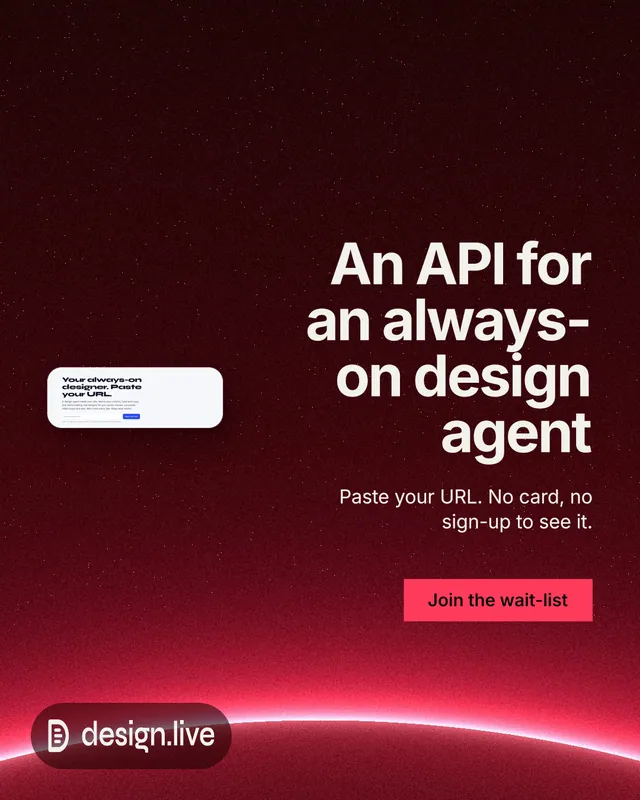 Instagram portrait post for design.live: "An API for an always-on design agent". Swiss style, right layout, dark palette in black, red.