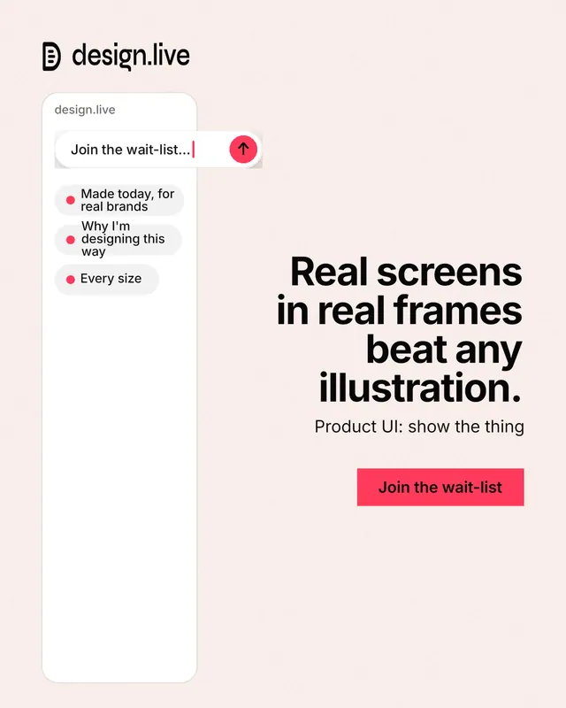 Instagram portrait post for design.live: "Real screens in real frames beat any illustration." Swiss style, right layout, light palette in white, red.