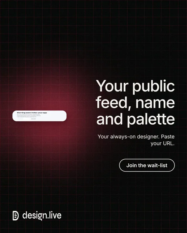 Instagram portrait post for design.live: "Your public feed, name and palette". Phosphor atlas style, right layout, dark palette in black, red.