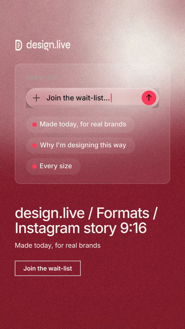 Instagram story for design.live: "design.live / Formats / Instagram story 9:16". Cyanotype style, bottom layout, dark palette in red.
