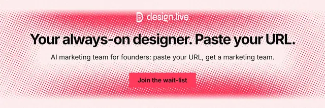 X header for design.live: "Your always-on designer. Paste your URL." Swiss style, centred layout, light palette in red, white.