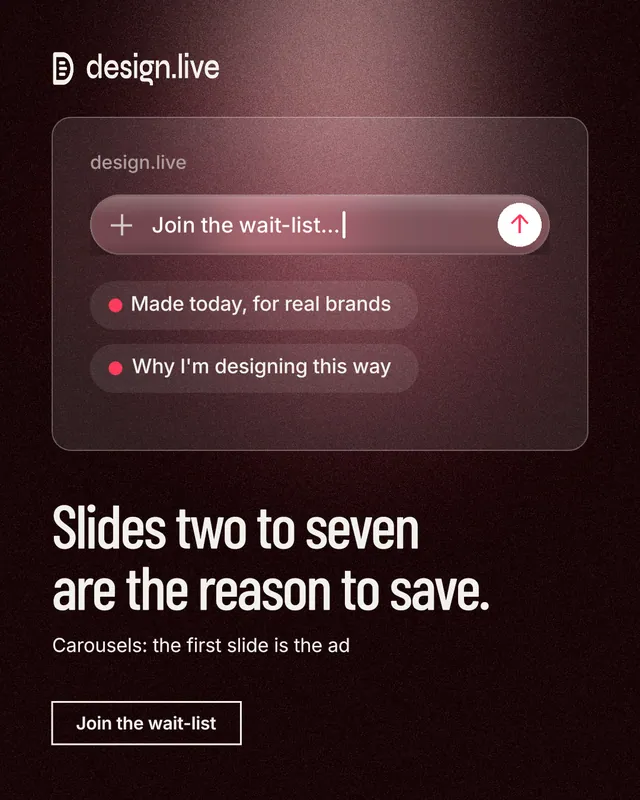 Instagram portrait post for design.live: "Slides two to seven are the reason to save." Dark deco style, bottom layout, dark palette in black, red, grey.