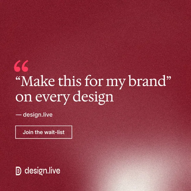 Instagram post for design.live: "“Make this for my brand” on every design". Cyanotype style, quote layout, dark palette in red.