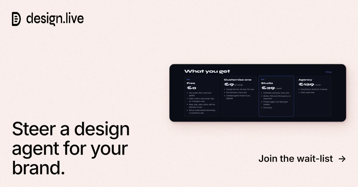 Social ad for design.live: "Steer a design agent for your brand." Data card style, image led layout, light palette in white, grey.