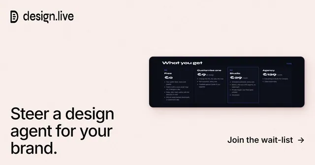 Social ad for design.live: "Steer a design agent for your brand." Data card style, image led layout, light palette in white, grey.