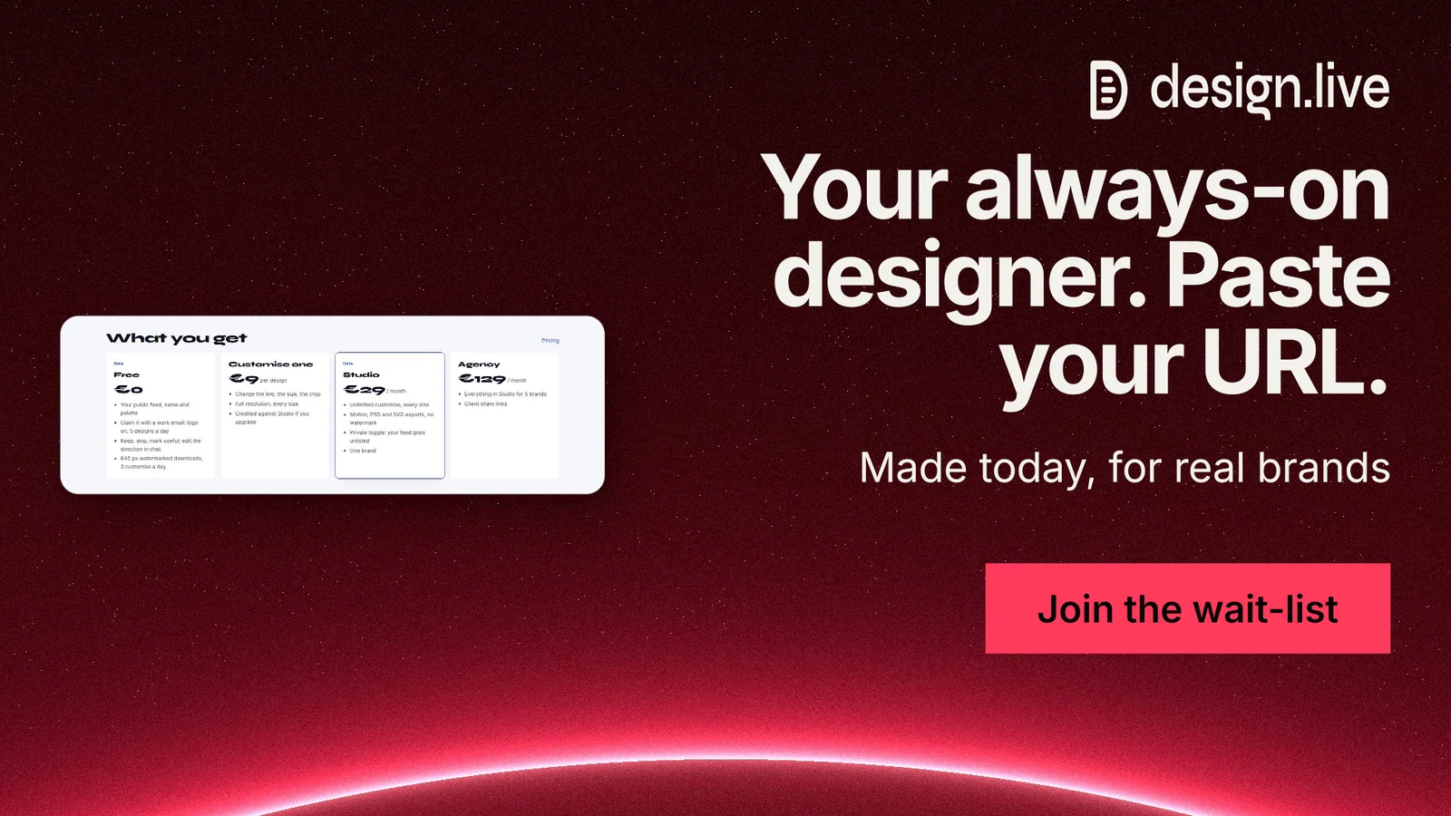 Landscape graphic for design.live: "Your always-on designer. Paste your URL." Swiss style, right layout, dark palette in black, red, white.