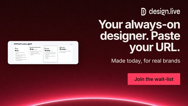 Landscape graphic for design.live: "Your always-on designer. Paste your URL." Swiss style, right layout, dark palette in black, red, white.