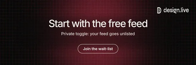 X header for design.live: "Start with the free feed". Phosphor atlas style, centred layout, dark palette in red, black.