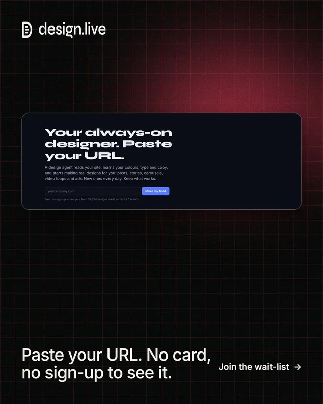 Instagram portrait post for design.live: "Paste your URL. No card, no sign-up to see it." Phosphor atlas style, image led layout, dark palette in black, grey.