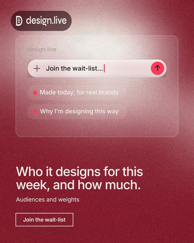 Instagram portrait post for design.live: "Who it designs for this week, and how much." Cyanotype style, bottom layout, dark palette in red.