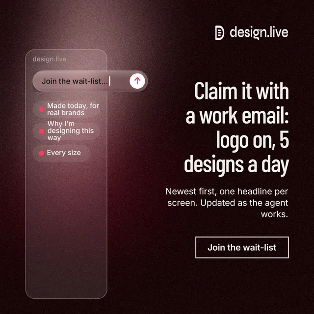 Instagram post for design.live: "Claim it with a work email: logo on, 5 designs a day". Dark deco style, right layout, dark palette in black, red, grey.