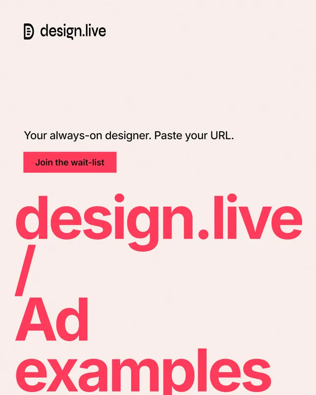 Instagram portrait post for design.live: "design.live / Ad examples". Swiss style, oversized layout, light palette in white, red.