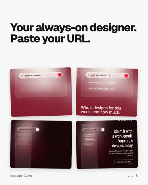 Carousel for design.live: "Your always-on designer. Paste your URL.". Collection carousel, 8 slides, light palette.