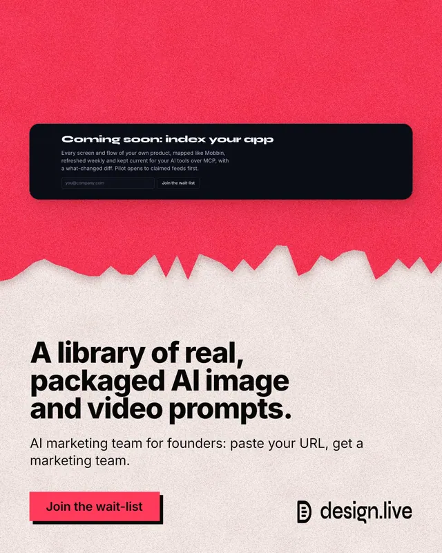 Instagram portrait post for design.live: "A library of real, packaged AI image and video prompts." Paper trio style, bottom layout, light palette in orange, red, grey.
