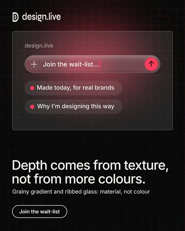 Instagram portrait post for design.live: "Depth comes from texture, not from more colours." Phosphor atlas style, bottom layout, dark palette in black, grey.