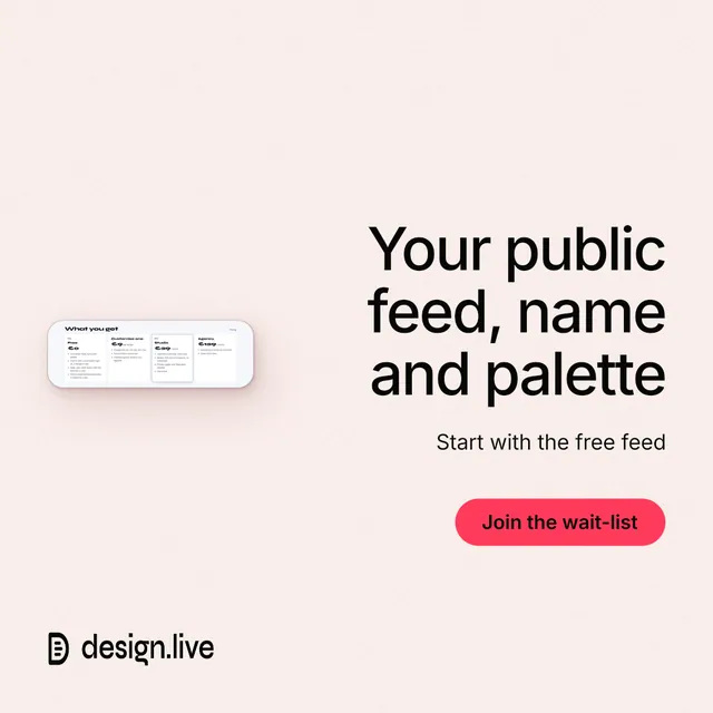 Instagram post for design.live: "Your public feed, name and palette". Data card style, right layout, light palette in white, red.