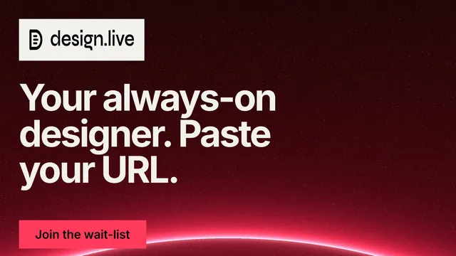 Landscape graphic for design.live: "Your always-on designer. Paste your URL." Swiss style, announce layout, dark palette in black, red, grey.