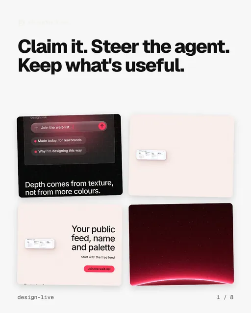 Carousel for design.live: "Claim it. Steer the agent. Keep what's useful.". Collection carousel, 8 slides, light palette.