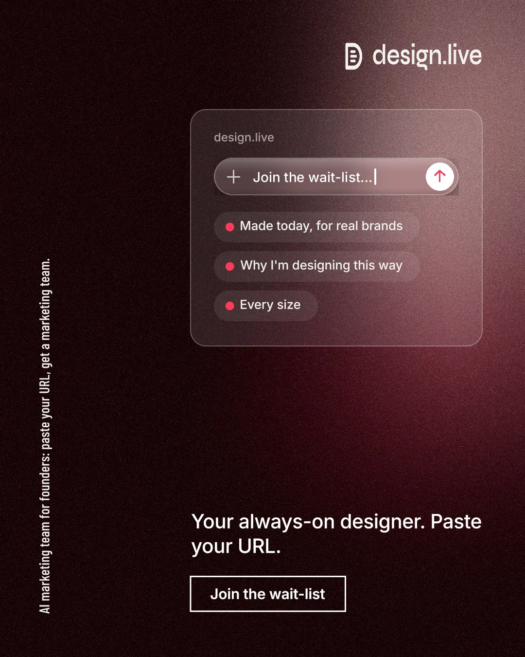 Instagram portrait post for design.live: "AI marketing team for founders: paste your URL, get a marketing team." Dark deco style, vertical layout, dark palette in black, grey, red.