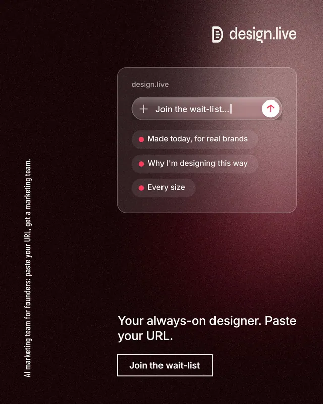 Instagram portrait post for design.live: "AI marketing team for founders: paste your URL, get a marketing team." Dark deco style, vertical layout, dark palette in black, grey, red.