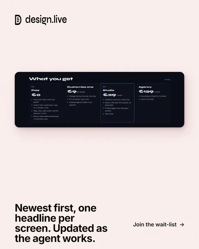 Instagram portrait post for design.live: "Newest first, one headline per screen. Updated as the agent works." Swiss style, image led layout, light palette in white, grey.