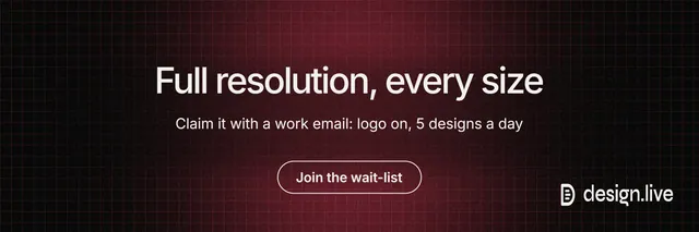 X header for design.live: "Full resolution, every size". Phosphor atlas style, centred layout, dark palette in black, red, grey.