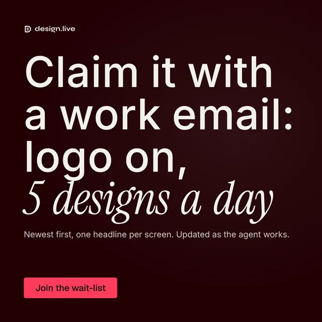Video for design.live: "Claim it with a work email: logo on, 5 designs a day". Doc motion loop, 6.0 s, dark palette.