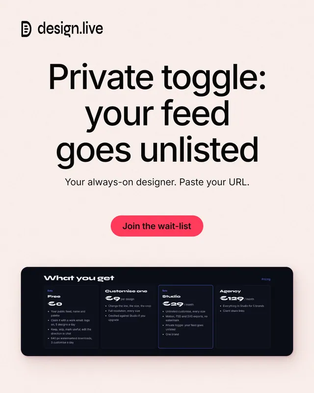 Instagram portrait post for design.live: "Private toggle: your feed goes unlisted". Data card style, centred layout, light palette in white, black, grey.