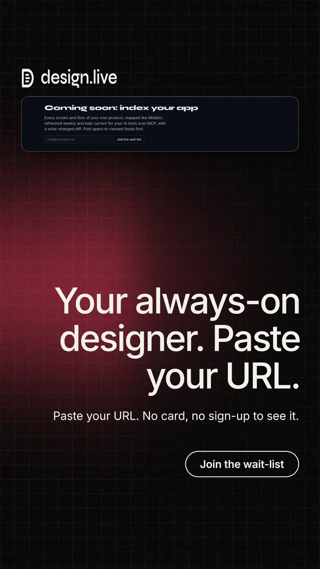 Instagram story for design.live: "Your always-on designer. Paste your URL." Phosphor atlas style, right layout, dark palette in black, red, grey.