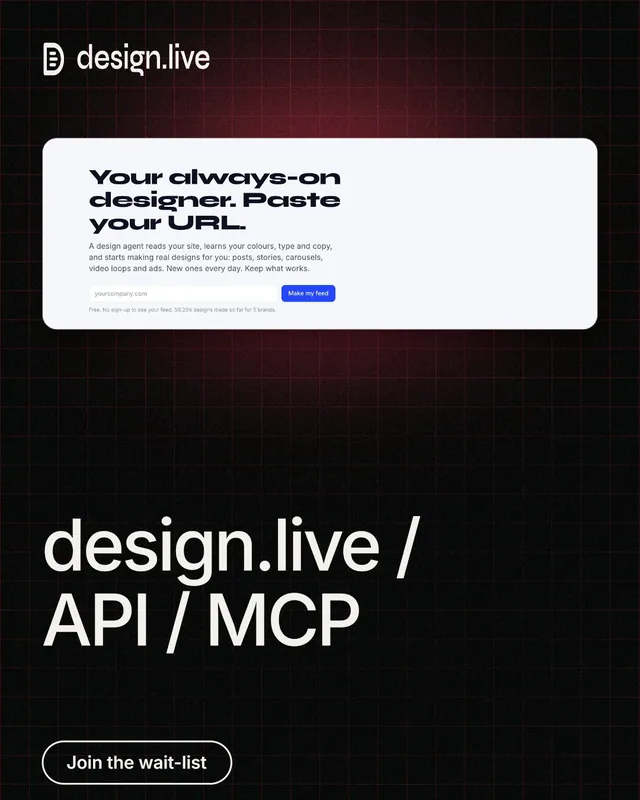 Instagram portrait post for design.live: "design.live / API / MCP". Phosphor atlas style, bottom layout, dark palette in black, white, grey.