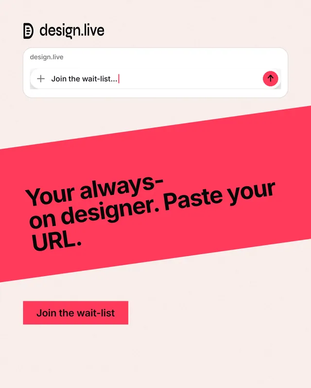 Instagram portrait post for design.live: "Your always-on designer. Paste your URL." Swiss style, diagonal layout, light palette in white, red.