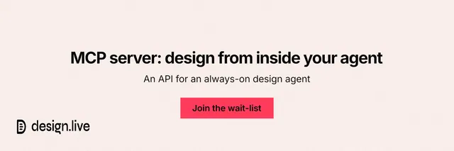 X header for design.live: "MCP server: design from inside your agent". Swiss style, centred layout, light palette in white, red.