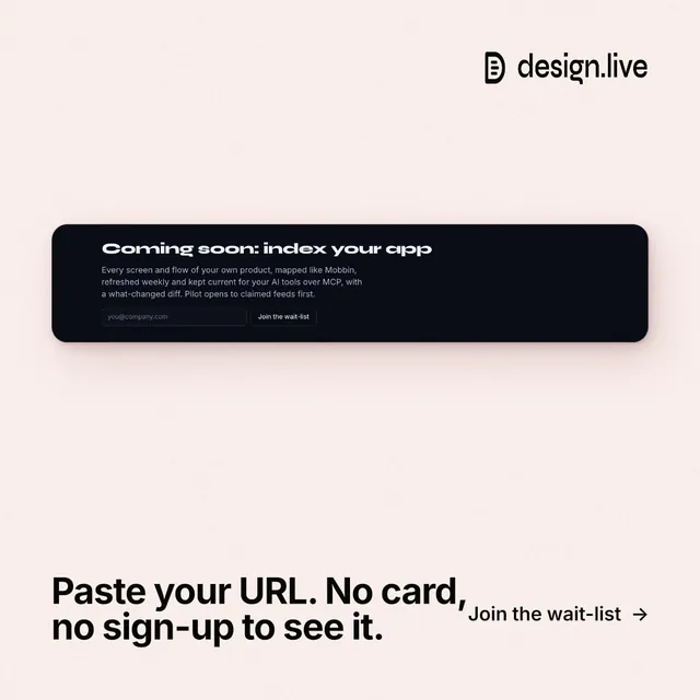 Instagram post for design.live: "Paste your URL. No card, no sign-up to see it." Swiss style, image led layout, light palette in white, grey.