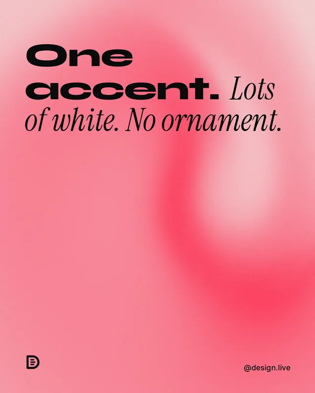 Instagram portrait post for design.live: "One accent. Lots of white. No ornament." Auto 4x5 style, technique:shader field layout, light palette in red.