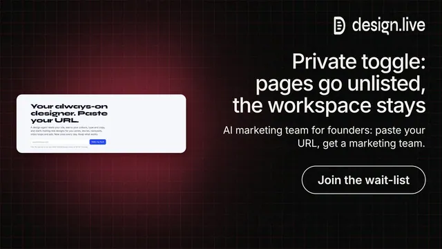 Landscape graphic for design.live: "Private toggle: pages go unlisted, the workspace stays". Phosphor atlas style, right layout, dark palette in red, black, grey.