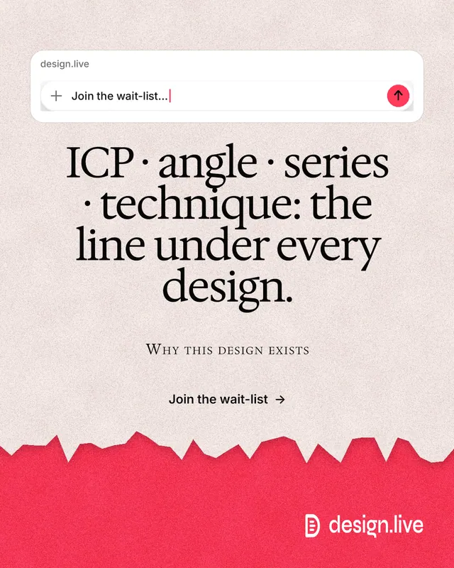 Instagram portrait post for design.live: "ICP · angle · series · technique: the line under every design." Paper trio style, smallcaps layout, light palette in orange, red, white.