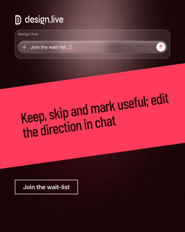 Instagram portrait post for design.live: "Keep, skip and mark useful; edit the direction in chat". Dark deco style, diagonal layout, dark palette in black, red.