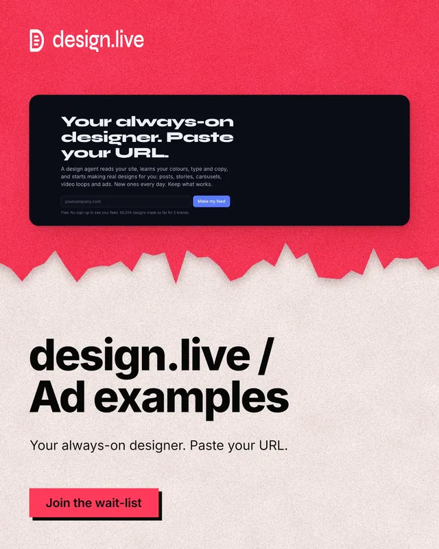 Instagram portrait post for design.live: "design.live / Ad examples". Paper trio style, bottom layout, light palette in red, pink, orange.